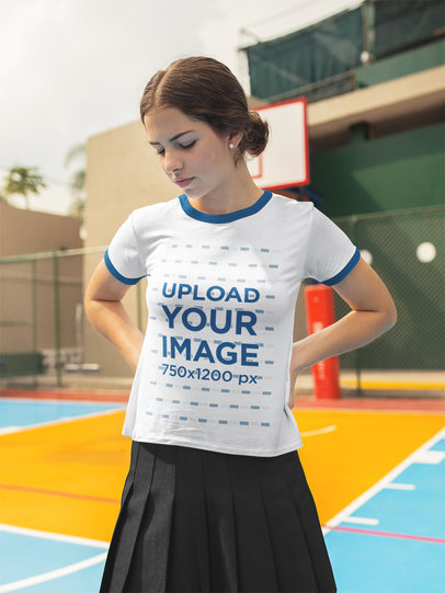 Beautiful Teenager Wearing a Ringer Tshirt Mockup While Looking Down