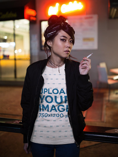 Asian Woman Wearing a T-Shirt Template and a Black Jacket While Smoking at Night